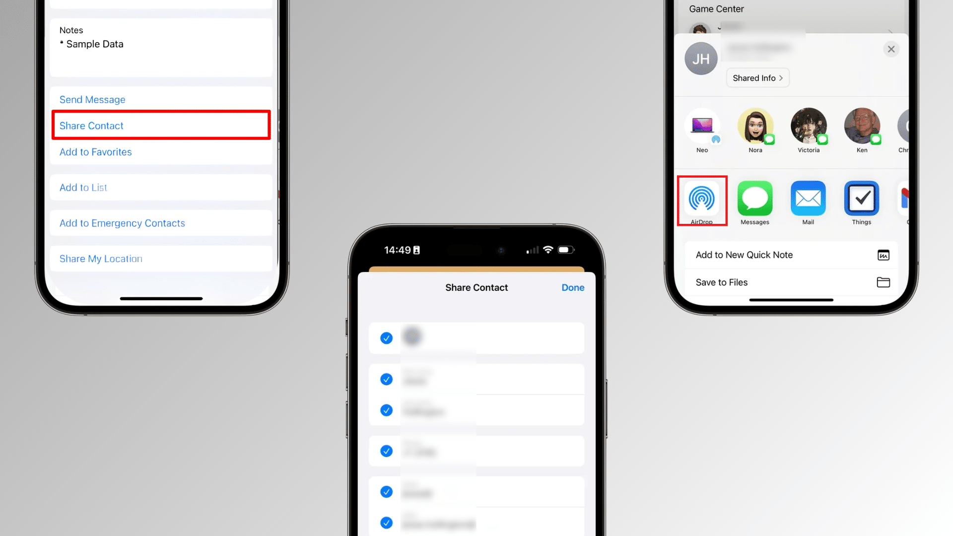 iphone screen showing how to share a contact using airdrop with the share contact option highlighted