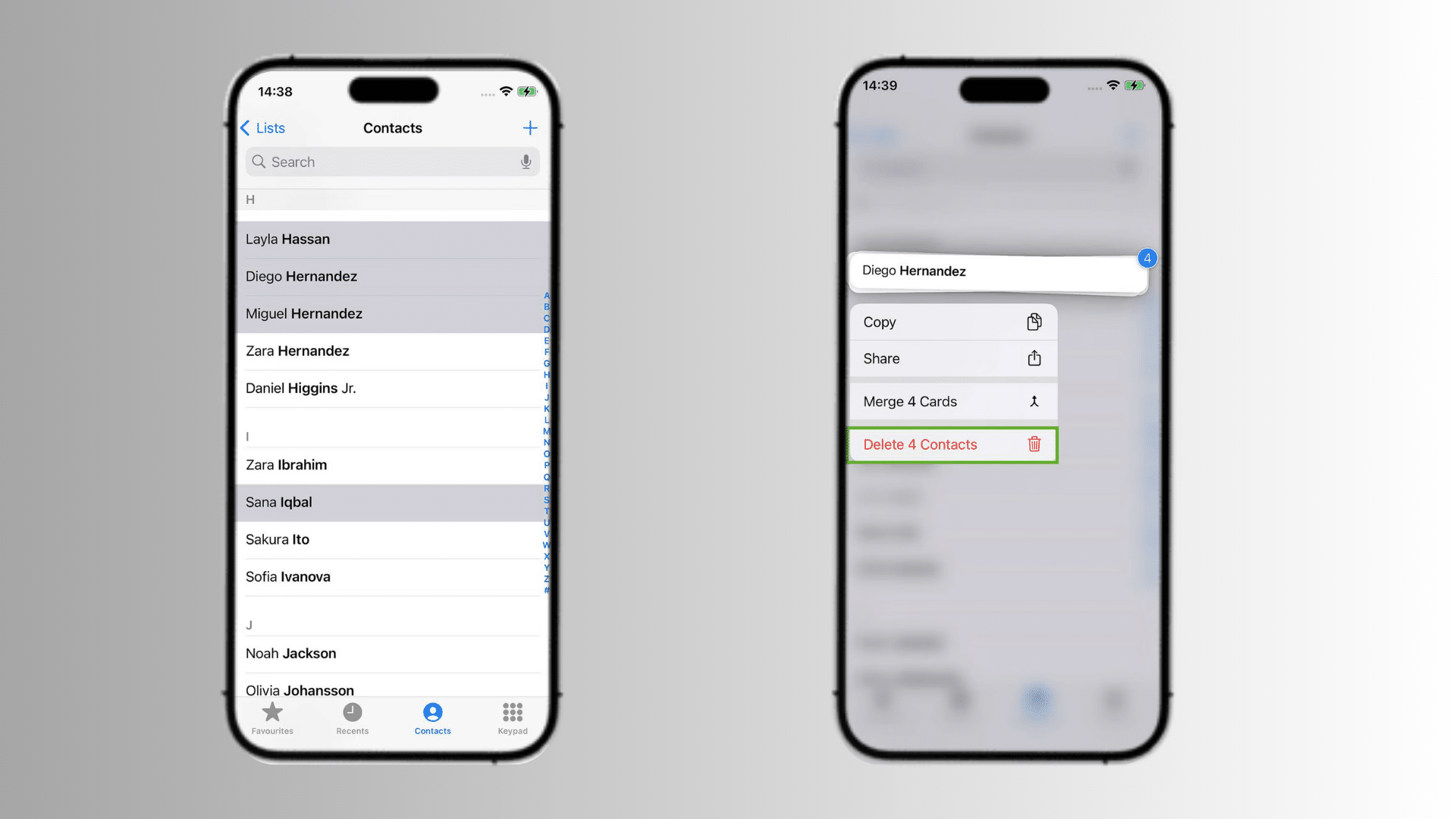 iphone contacts app showing multiple contacts selected and the option to share several contacts at once