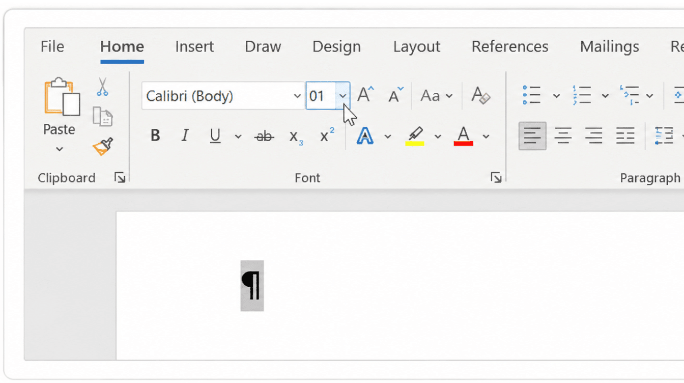 microsoft word home toolbar with font size set to one point while shrinking the final paragraph mark to remove a blank page