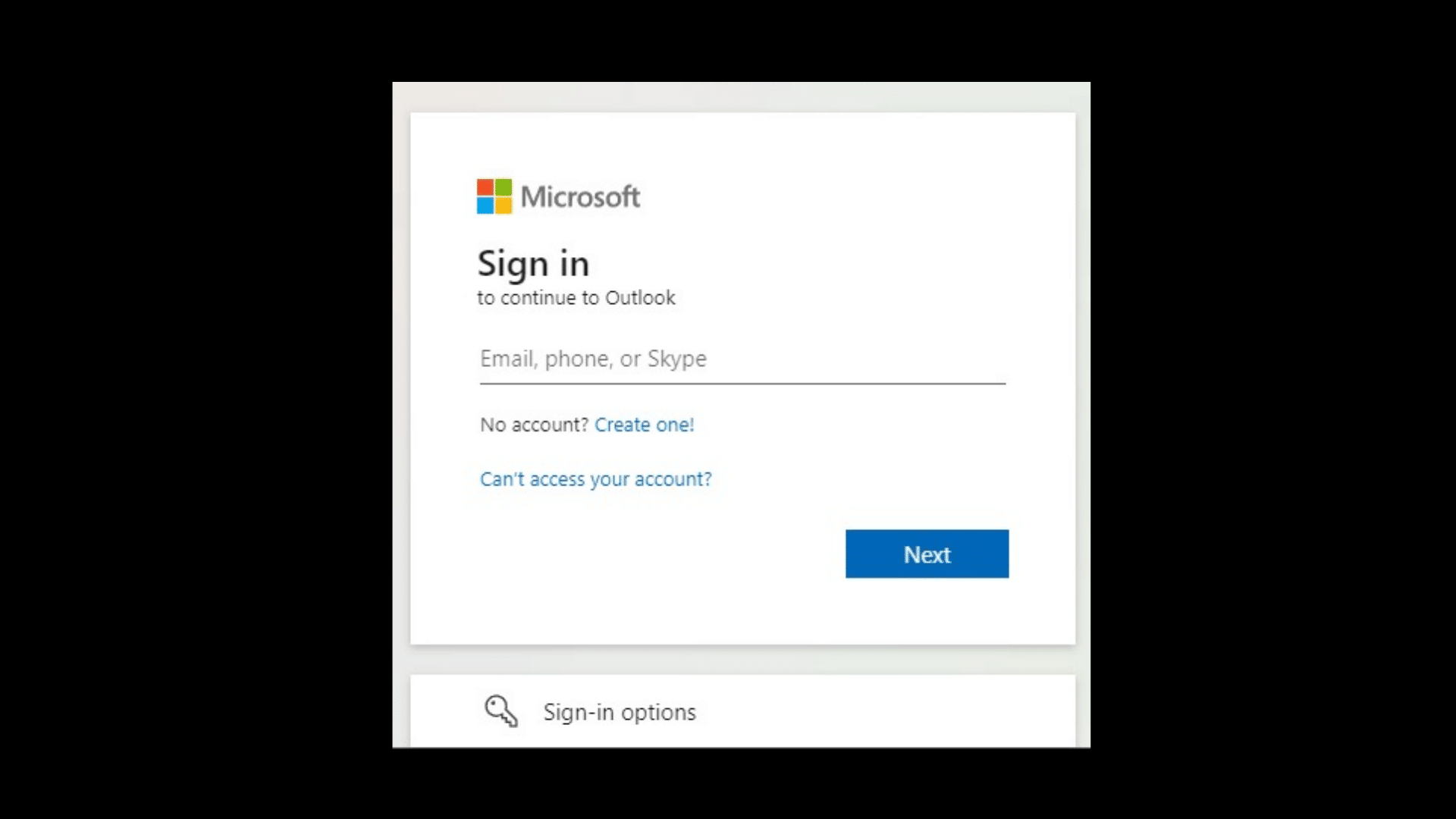 microsoft outlook sign in screen asking for email, phone or skype credentials