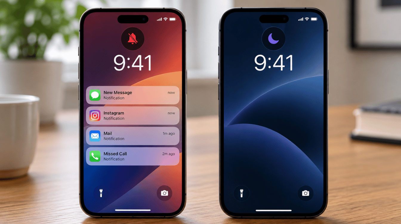 two iPhones compare silent mode with visible notifications and do not disturb with notifications hidden.