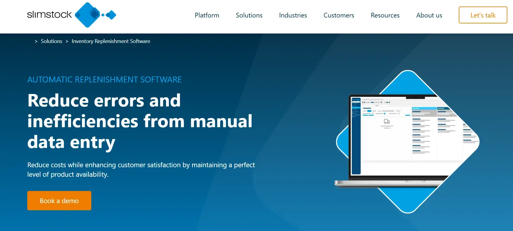Laptop displaying inventory software interface on blue gradient background with text overlay