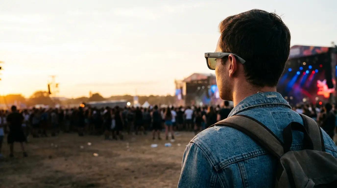 Man in denim jacket wearing glasses watching outdoor concert at sunset