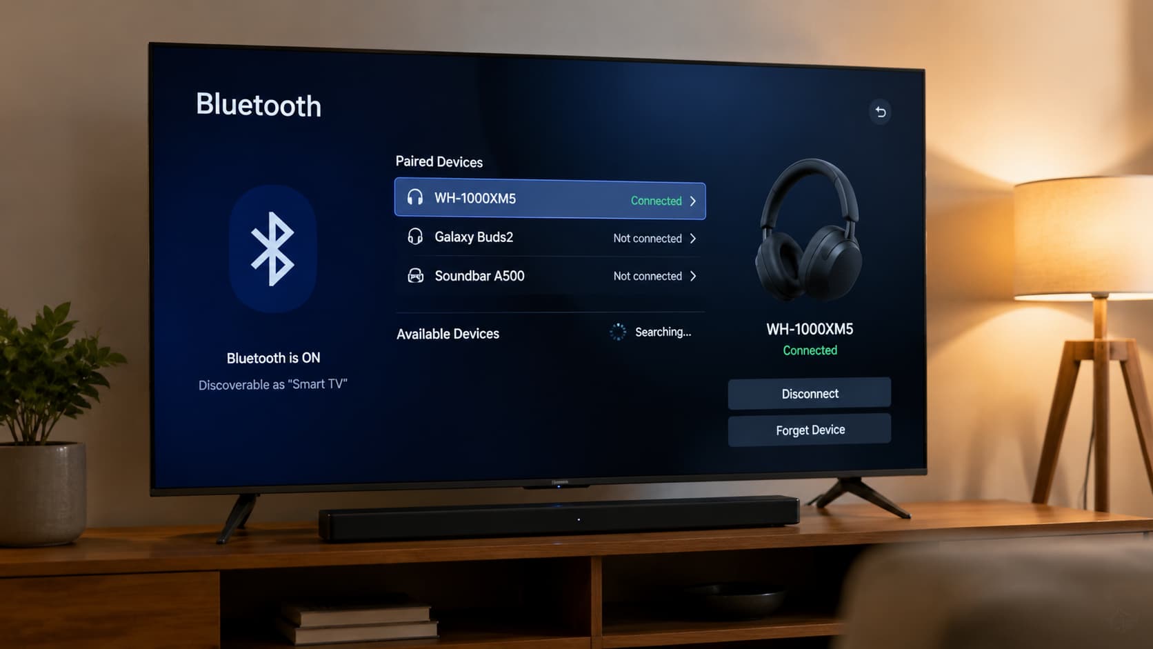 smart tv bluetooth settings screen connected to wireless headphones in modern living room setup