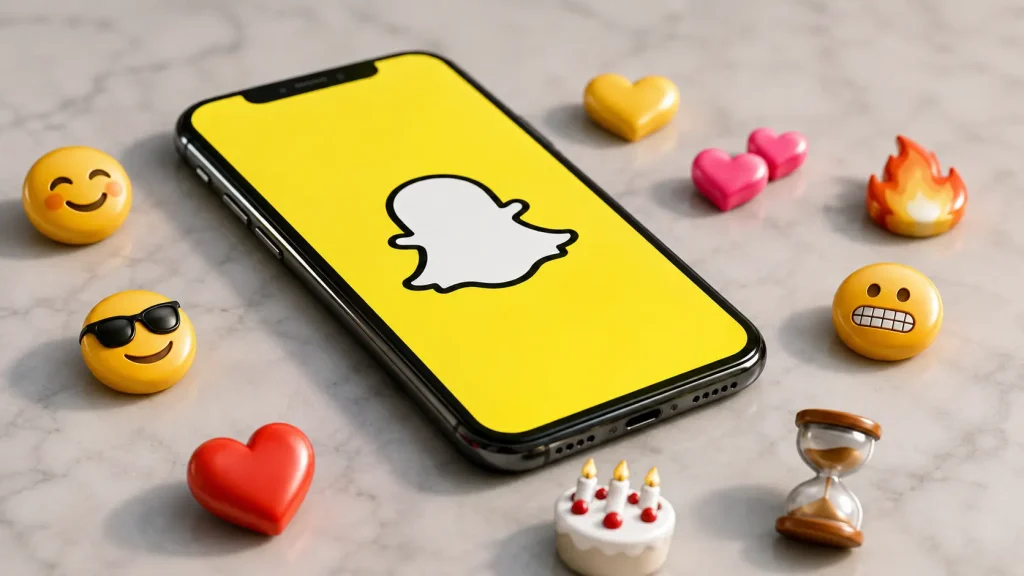 modern smartphone displaying snapchat logo surrounded by colorful friend emojis including hearts fire and hourglass