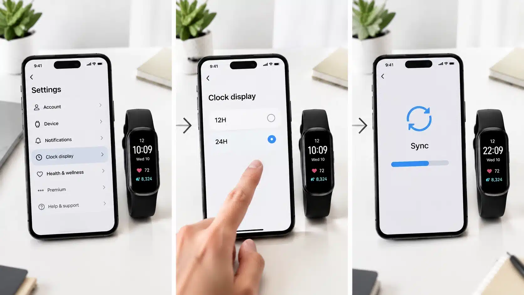 fitbit smartwatch and phone showing steps to change clock format between 12h and 24h settings