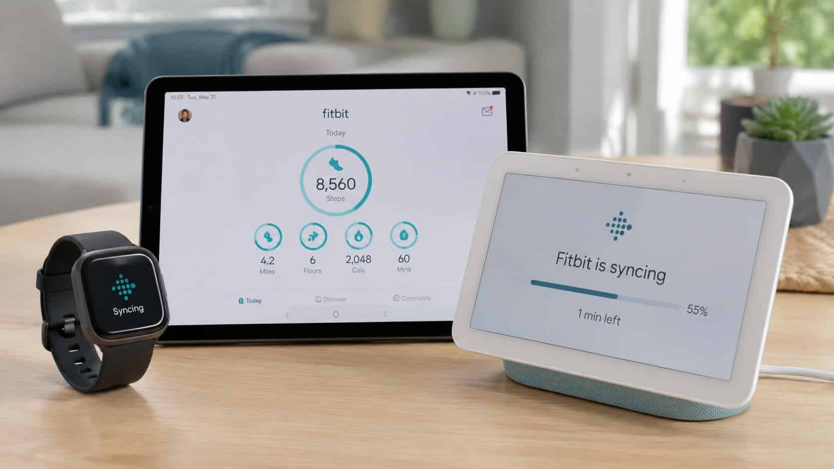 fitbit smartwatch beside a tablet and smart display, with both larger screens showing sync status and daily activity
