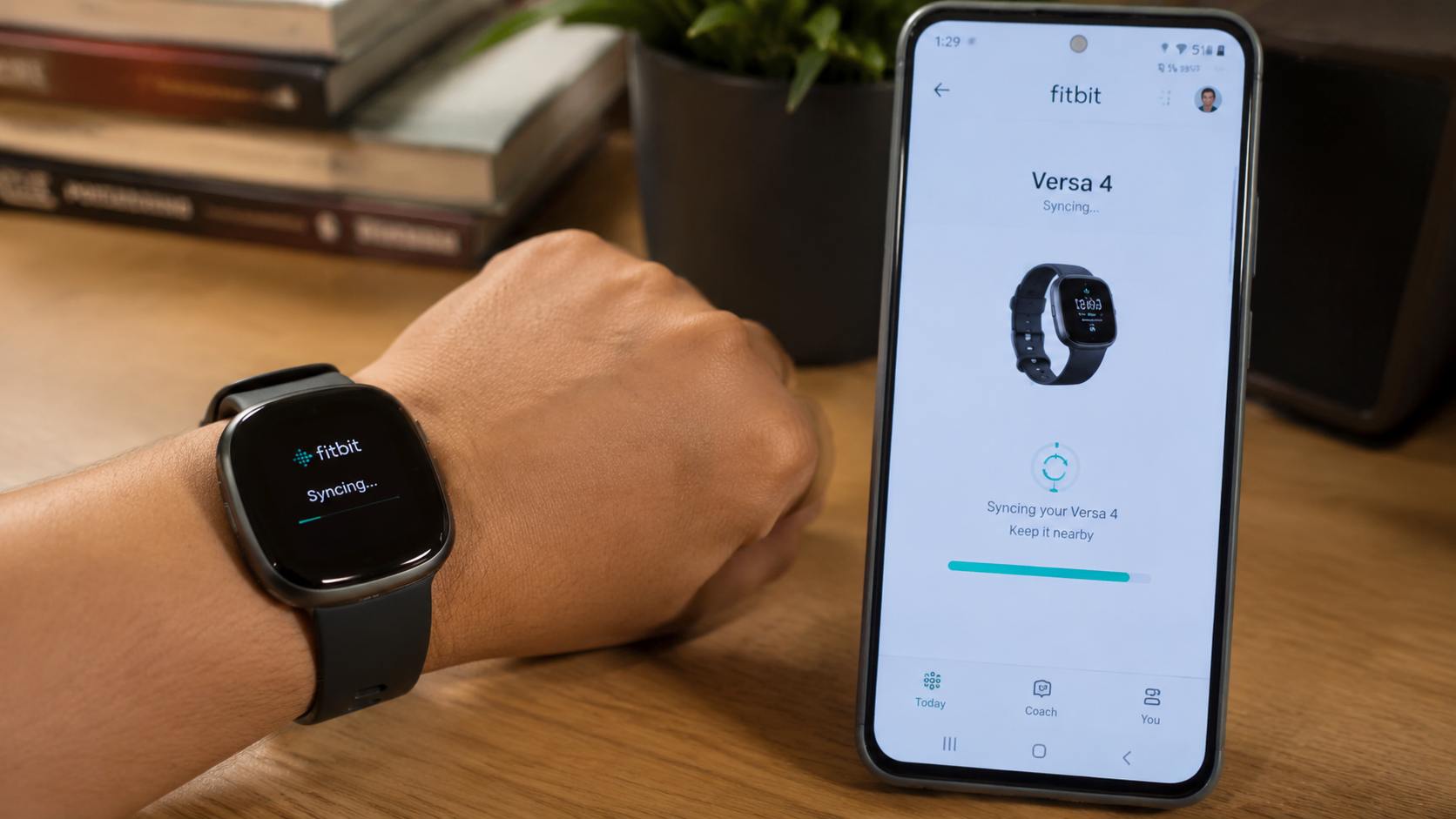 fitbit versa 4 worn on a wrist beside an android phone, with both screens showing active syncing progress