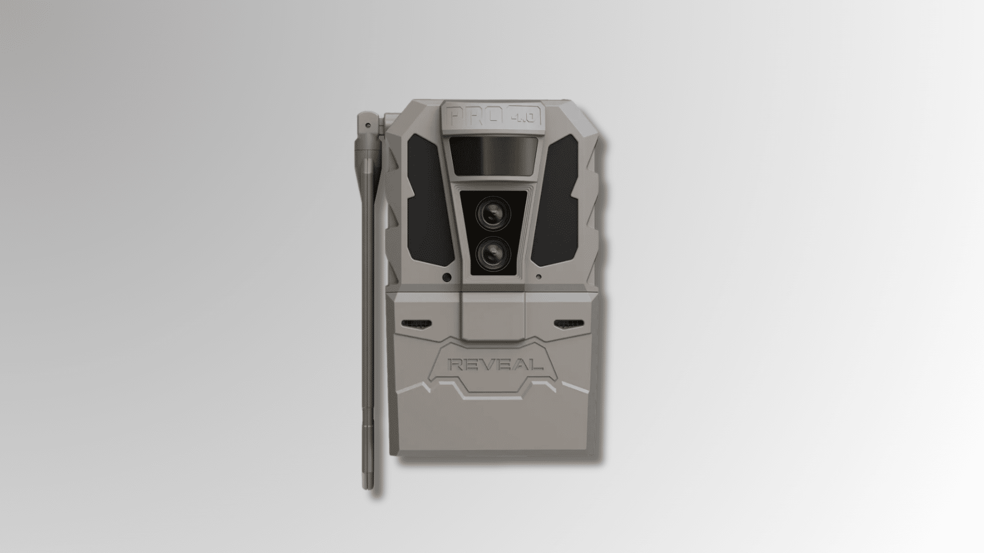 Tactacam Reveal Pro 4.0 cellular trail camera with camouflage body and front lens design on white background