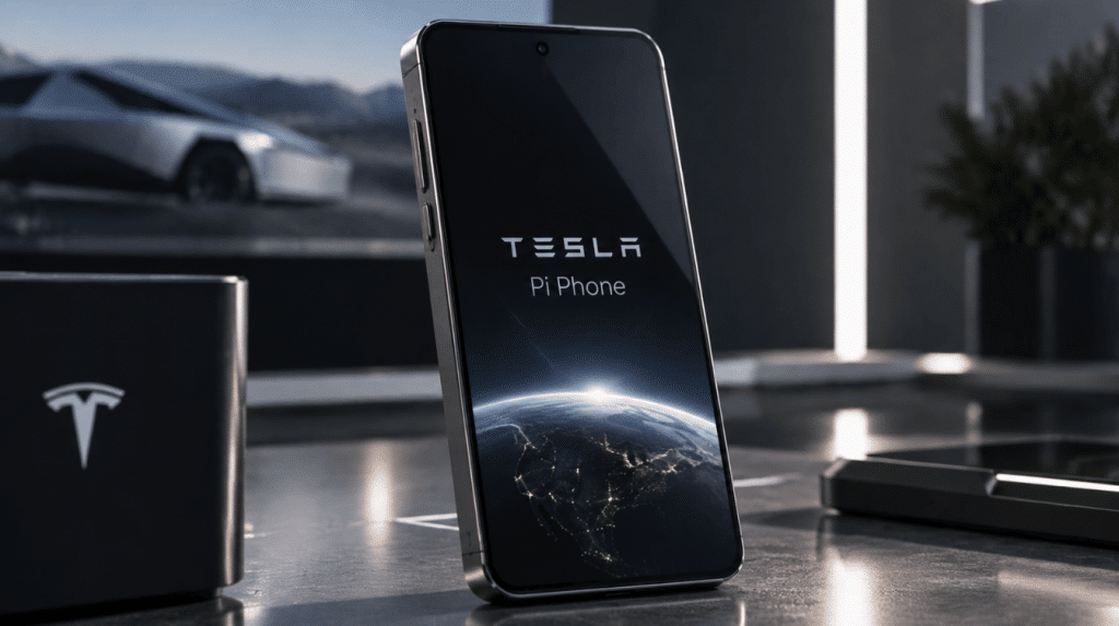 futuristic tesla pi phone concept displayed upright with earth wallpaper on screen in a premium technology studio setting