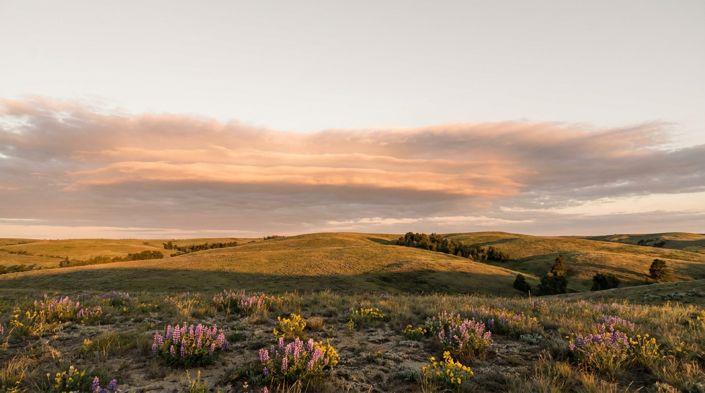 Rolling hills with wildflowers under a cloudy sunset sky