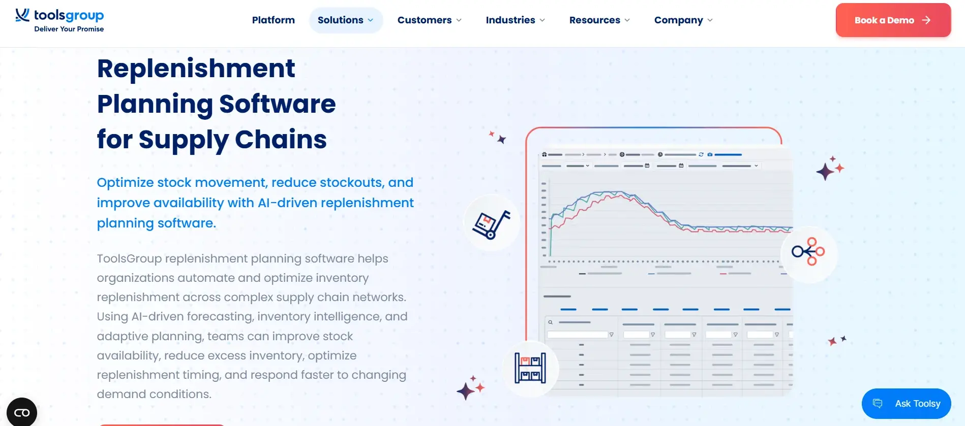 Replenishment planning software interface with charts and icons on blue dotted background