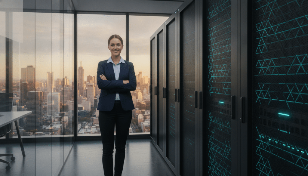 Person in business attire standing in modern office near server racks and cityscape view
