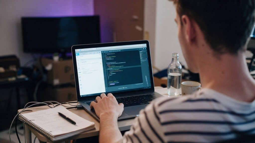 person learning programming at home with laptop code editor, notebook, and coffee on a desk in a realistic study setup