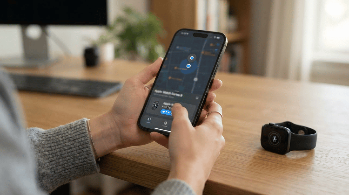 person using find my on an iphone beside an apple watch during troubleshooting on a wooden desk