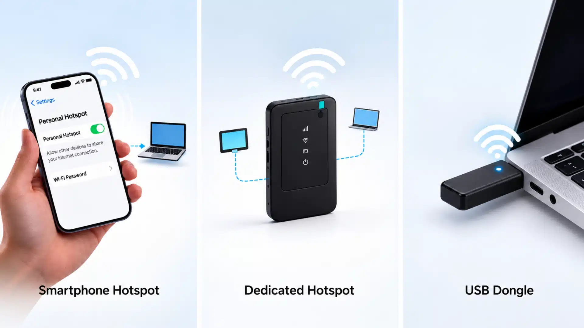 smartphone hotspot, dedicated Wi-Fi hotspot, and USB dongle shown as three mobile internet connection options