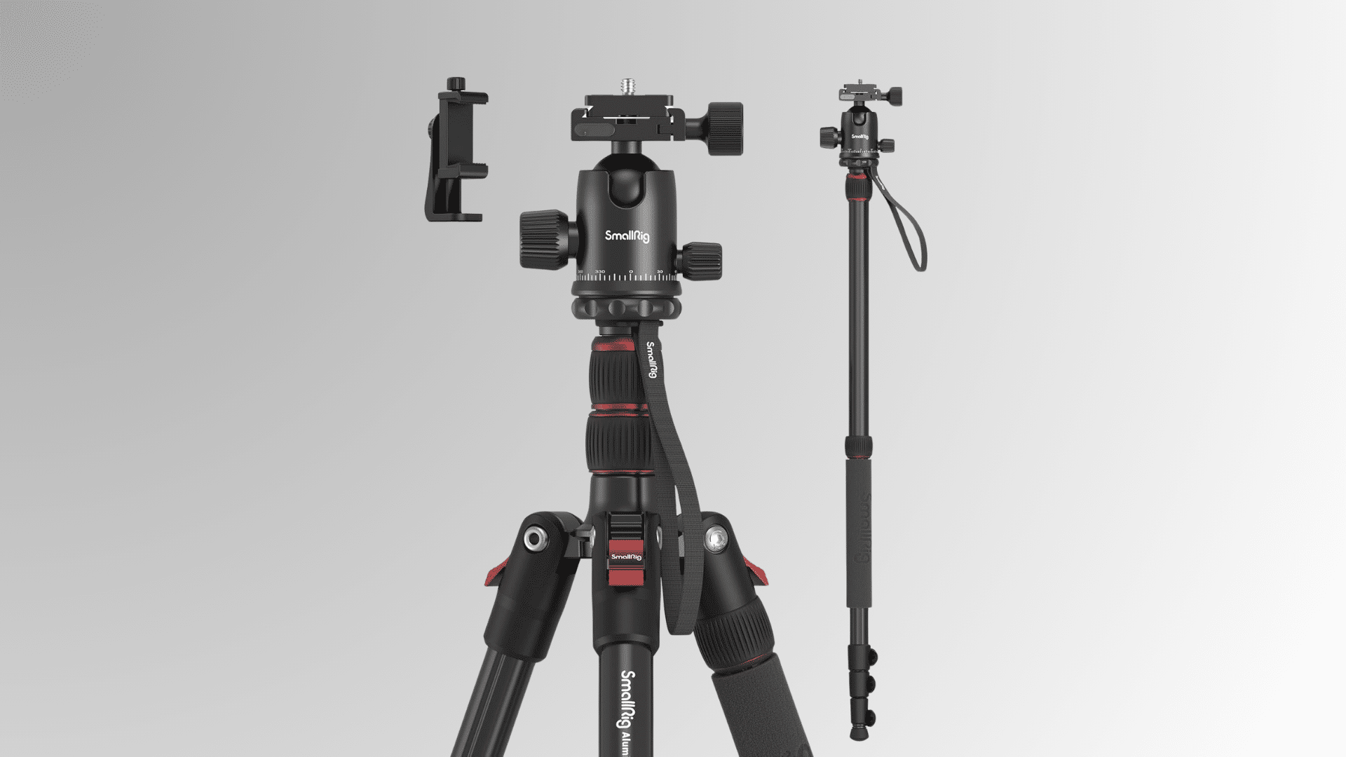 professional camera tripod setup with fluid head accessories and extended support pole on white background