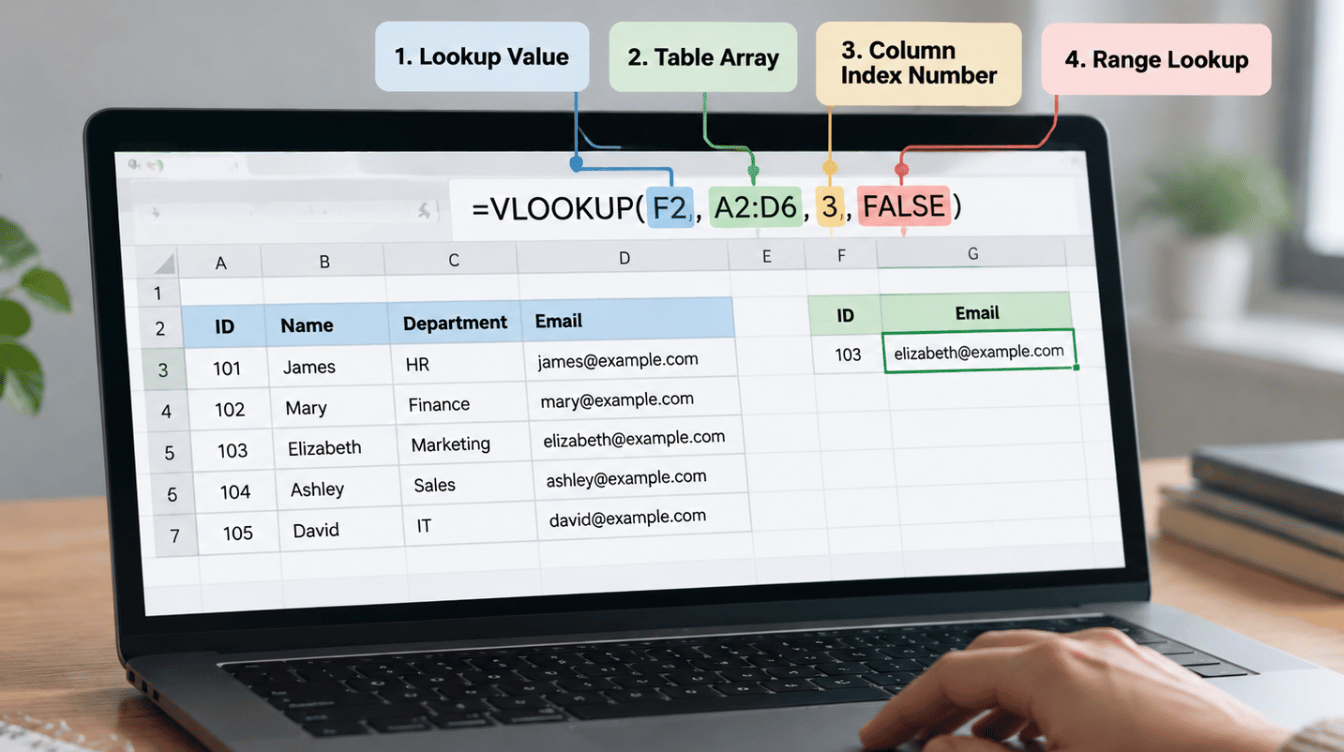 laptop screen explaining vlookup formula arguments with highlighted lookup value table array column index and range lookup sections