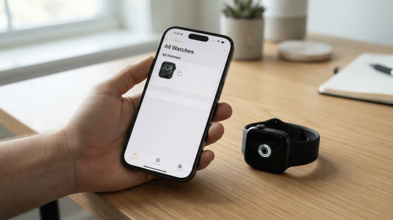 iphone showing the all watches screen beside an apple watch ready to be unpaired and paired again