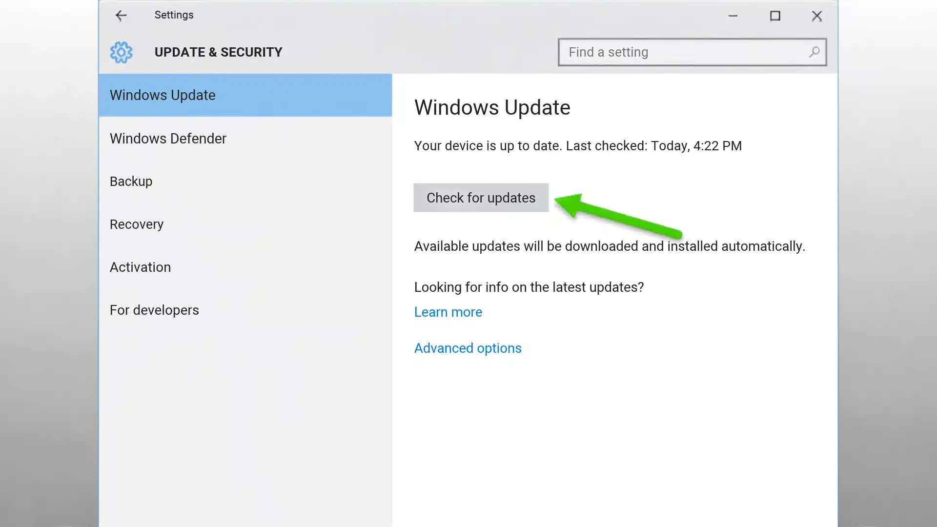 windows update settings page showing update options and advanced options for driver management