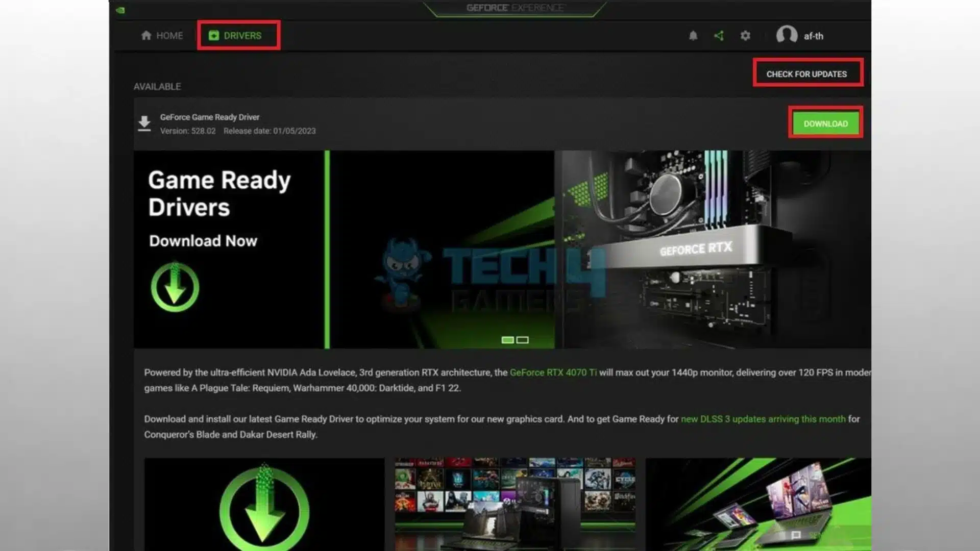 nvidia geforce experience drivers page showing gpu driver update options and download button