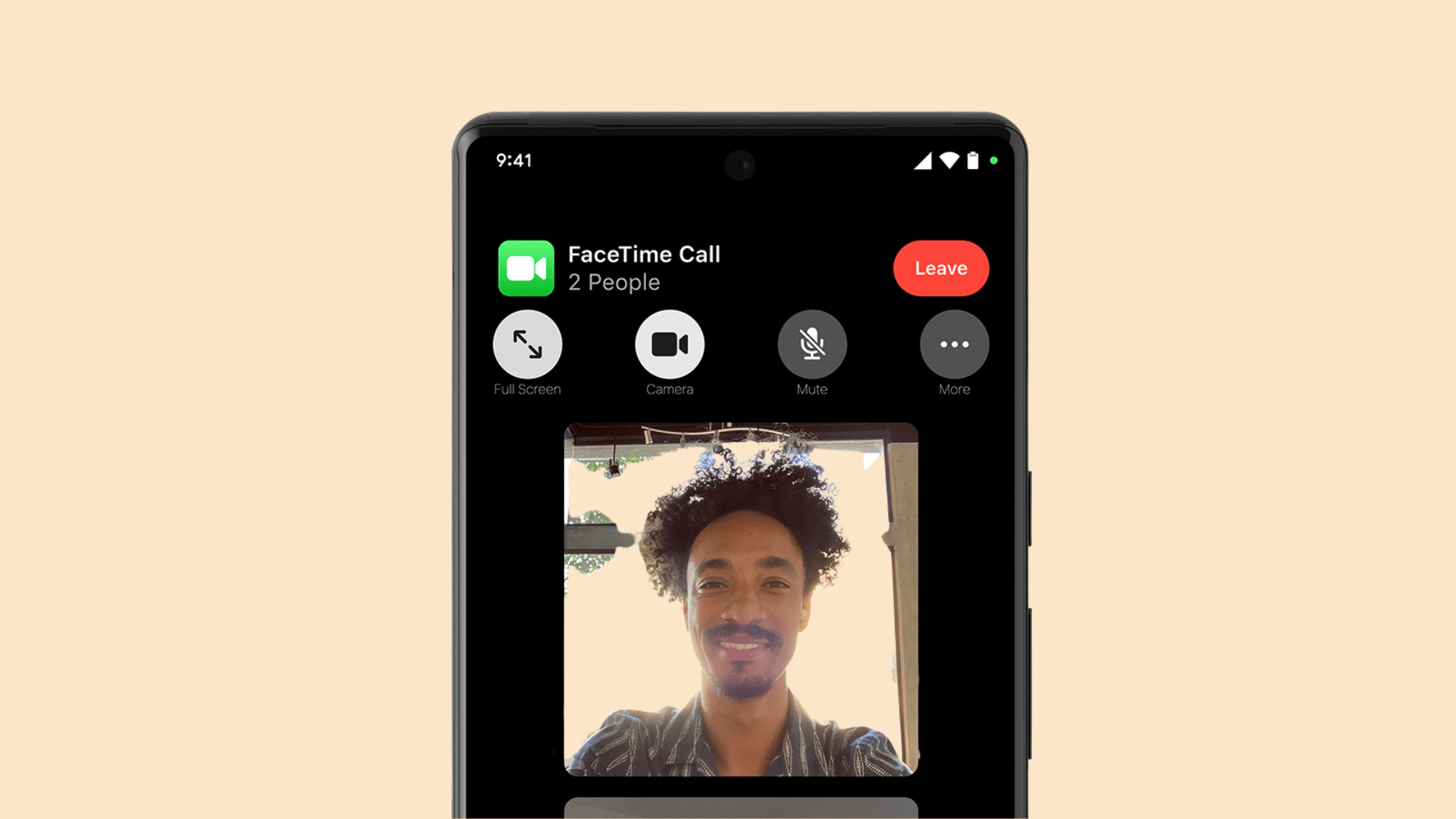 facetime call screen showing camera, mute, more, and leave controls during an active video call