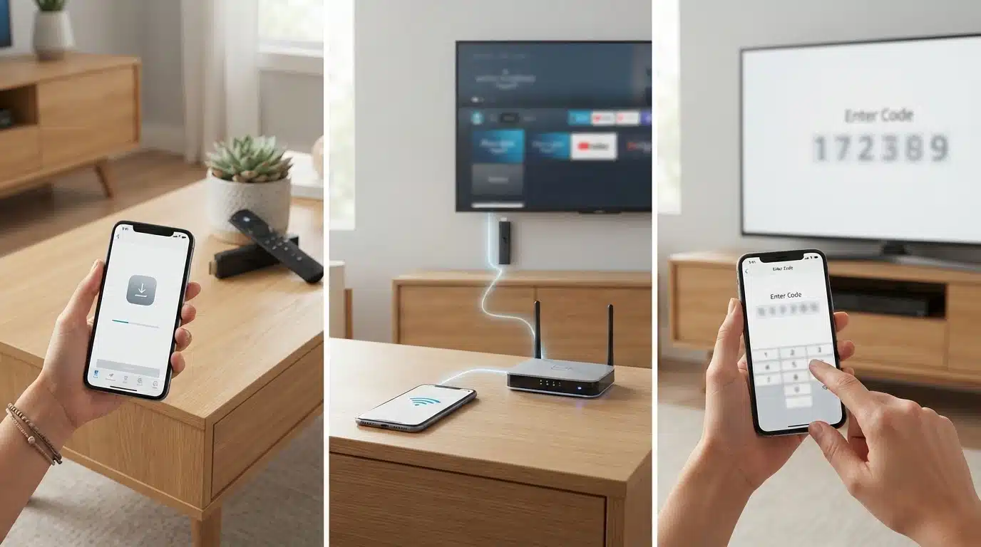 split image showing Fire TV app setup, Wi-Fi connection, and phone remote pairing process