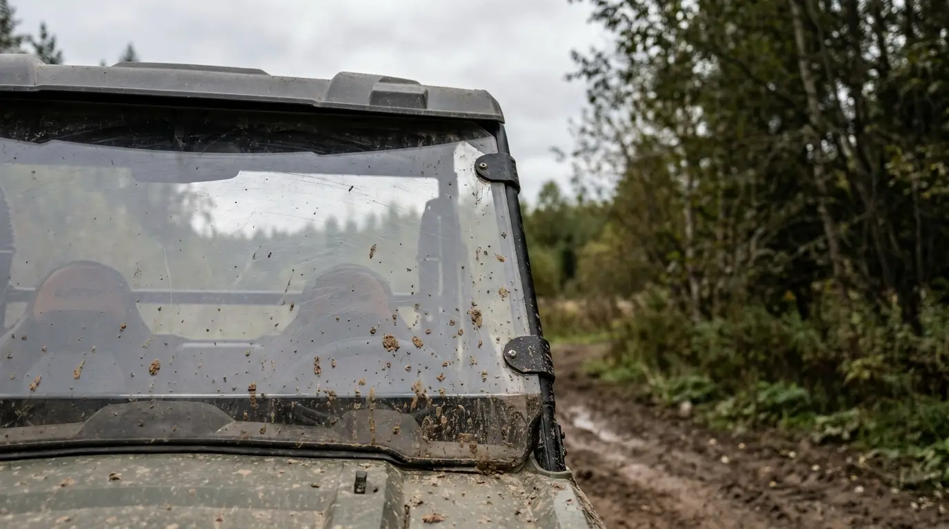 Muddy off-road vehicle windshield against forest trail backdrop under overcast sky