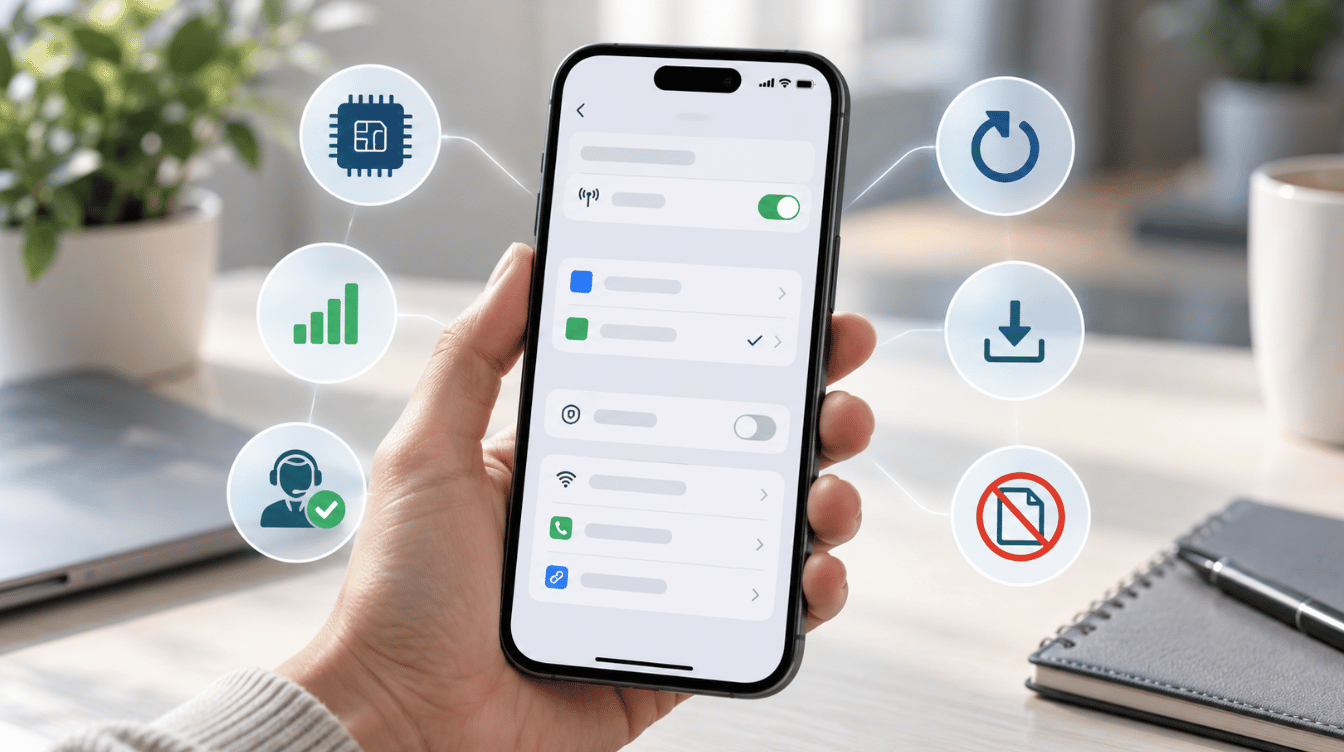 hand holding smartphone with esim settings interface and connectivity symbols showing electronic sim troubleshooting