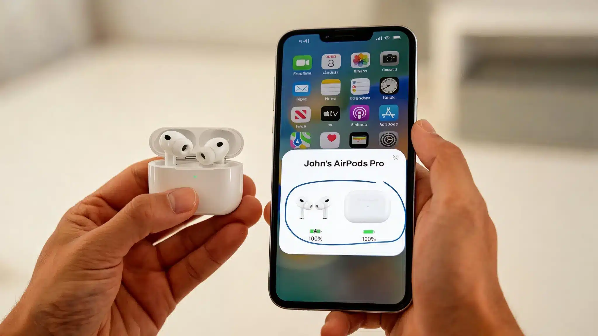 iphone showing airpods battery status at 100 percent while open airpods case is held beside it