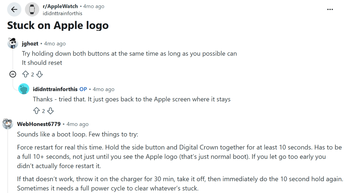 reddit discussion showing apple watch users sharing force restart and charging tips for a watch stuck on the apple logo