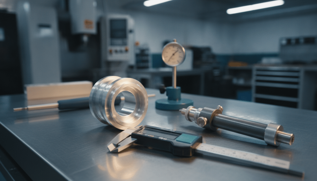 Digital caliper and metal parts on workshop table in industrial setting