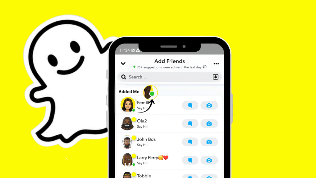 snapchat add friends screen showing green activity dots beside suggested contacts