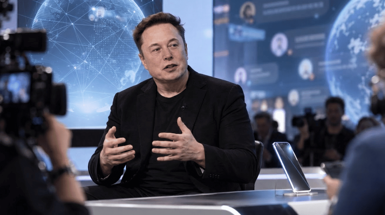 elon musk speaking at an event with a futuristic smartphone concept displayed nearby