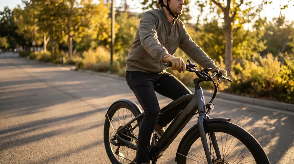 Man riding an electric bicycle on a tree-lined street in the golden hour light