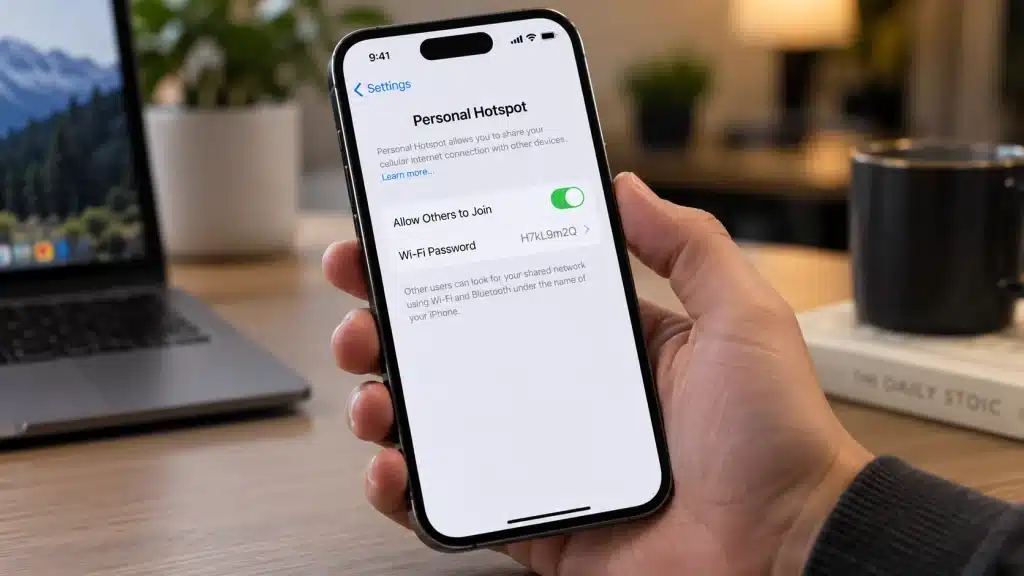 hand holding iphone showing personal hotspot settings with allow others to join enabled for internet sharing