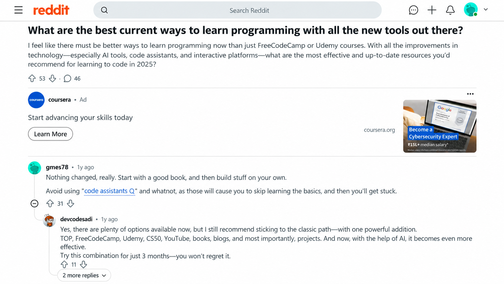 reddit thread on ways to learn programming, with users recommending books, projects, freecodecamp, cs50, youtube, and ai