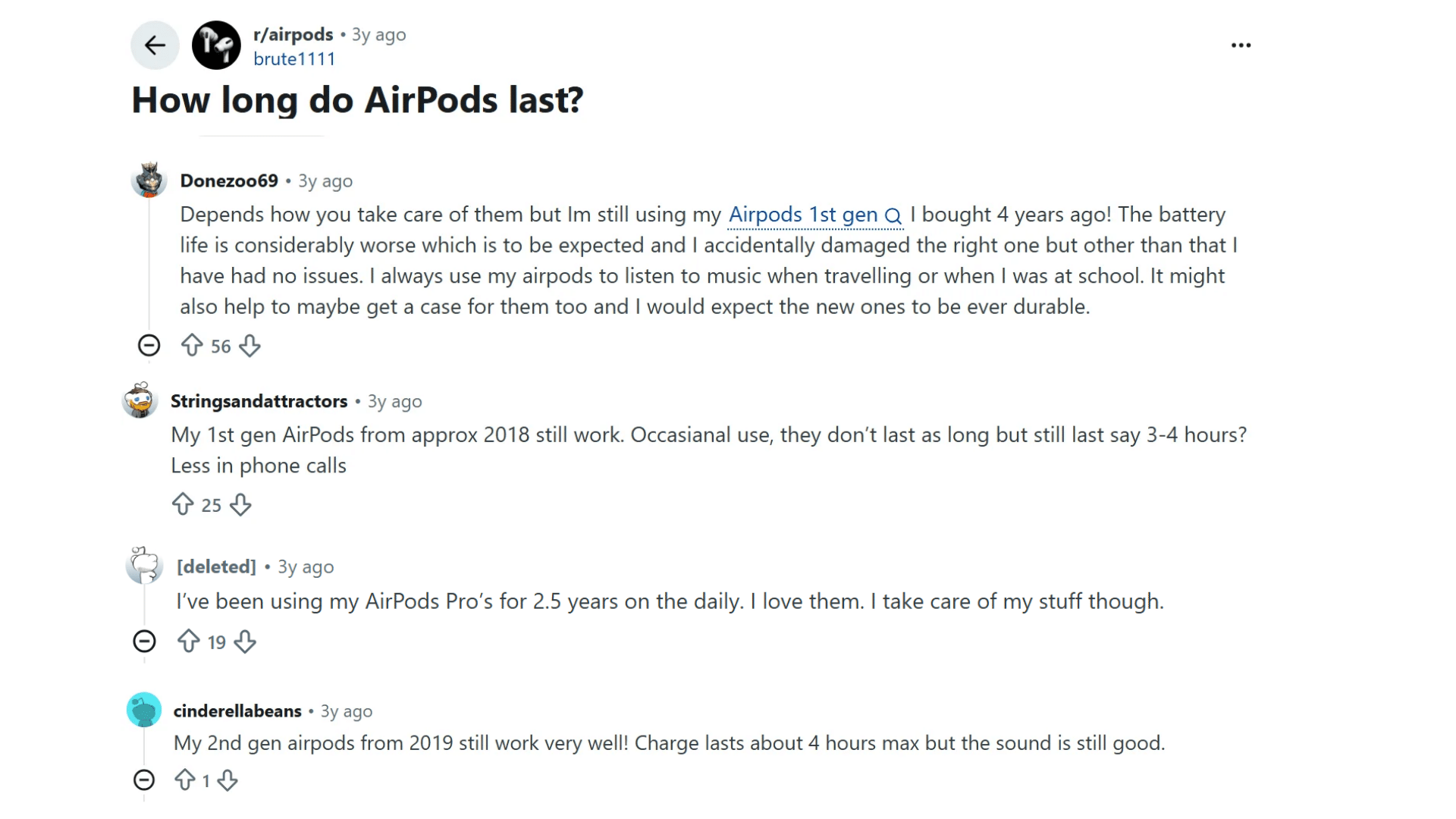 reddit discussion showing airpods owners sharing real experiences about battery life and long term use