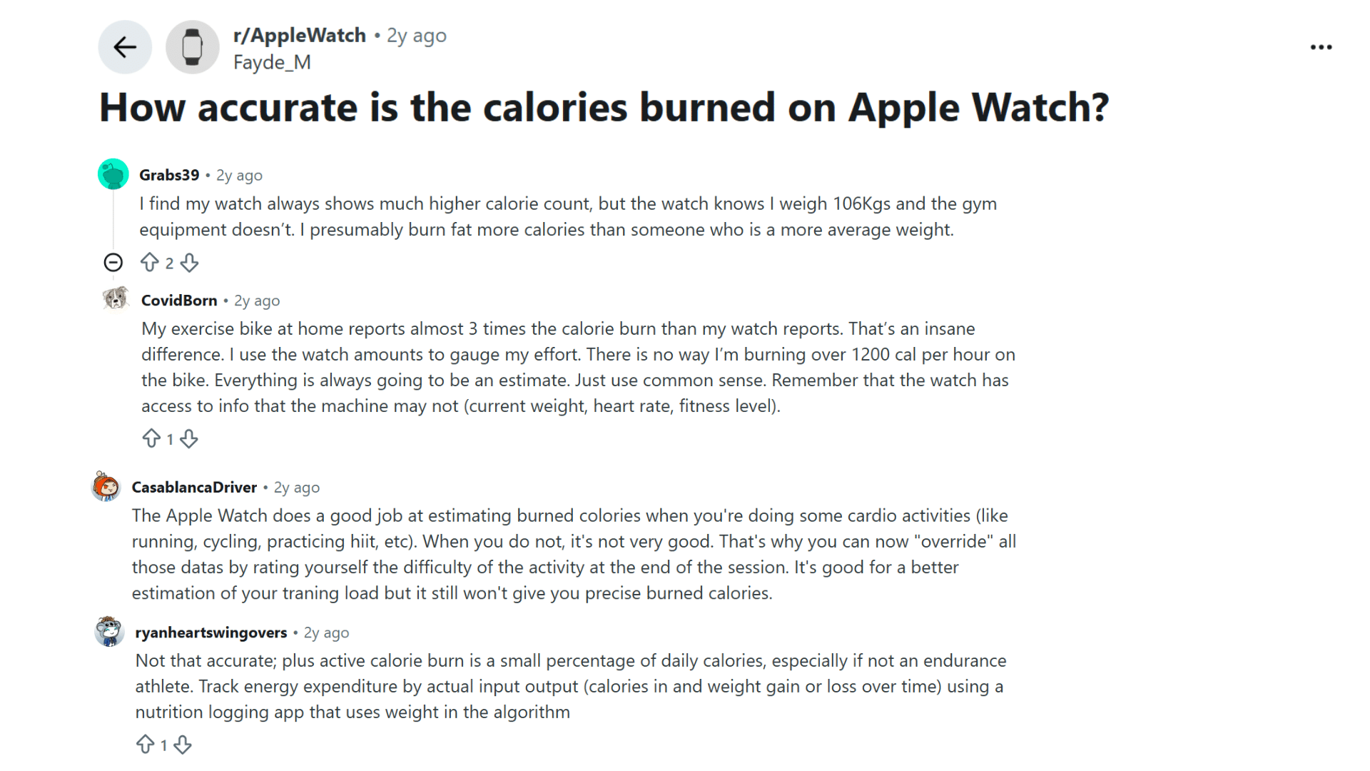 reddit discussion showing apple watch owners comparing calorie estimates with gym equipment and personal workout results