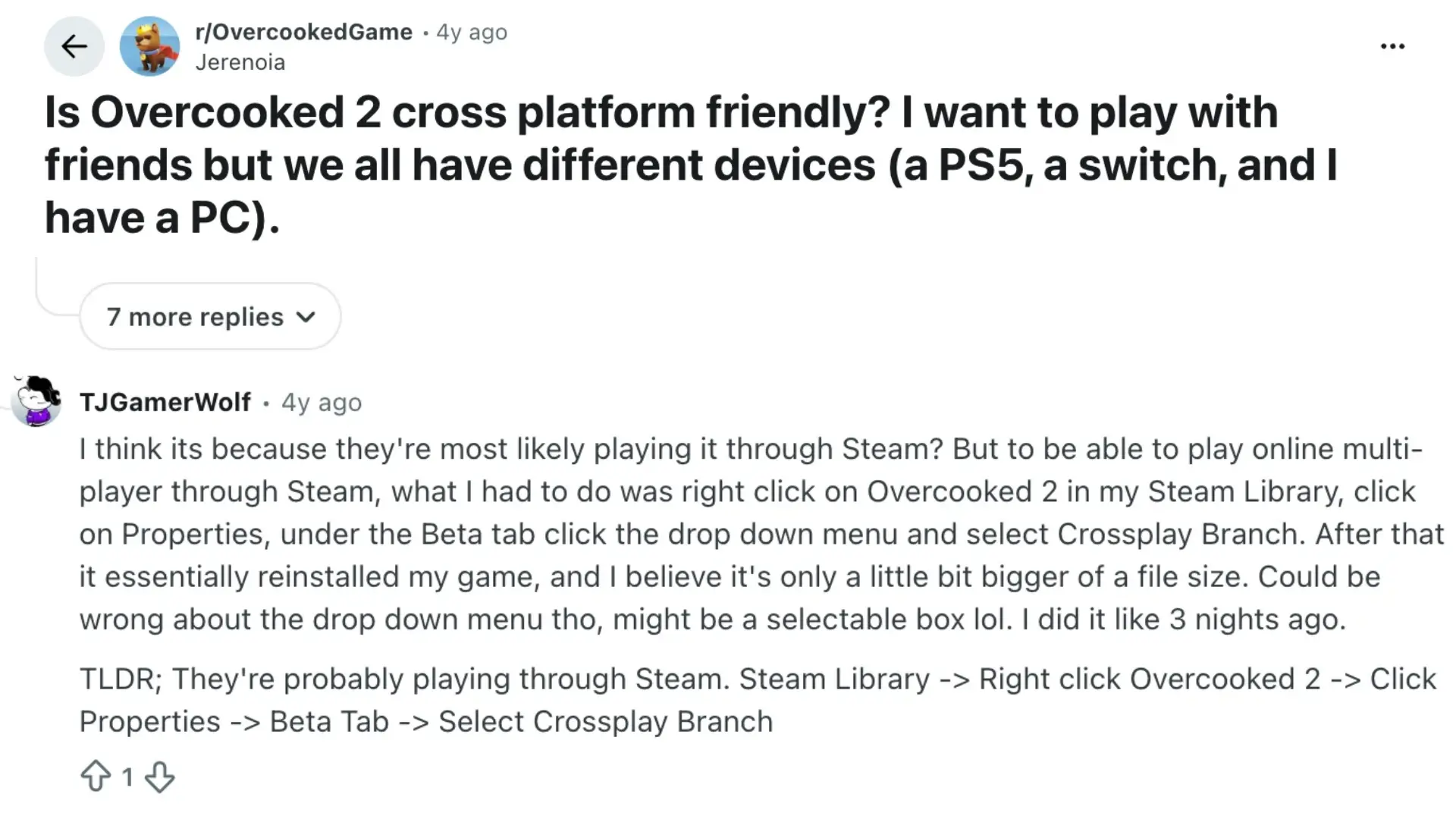 reddit discussion page on overcooked 2 platform for pc and xbox compatibility
