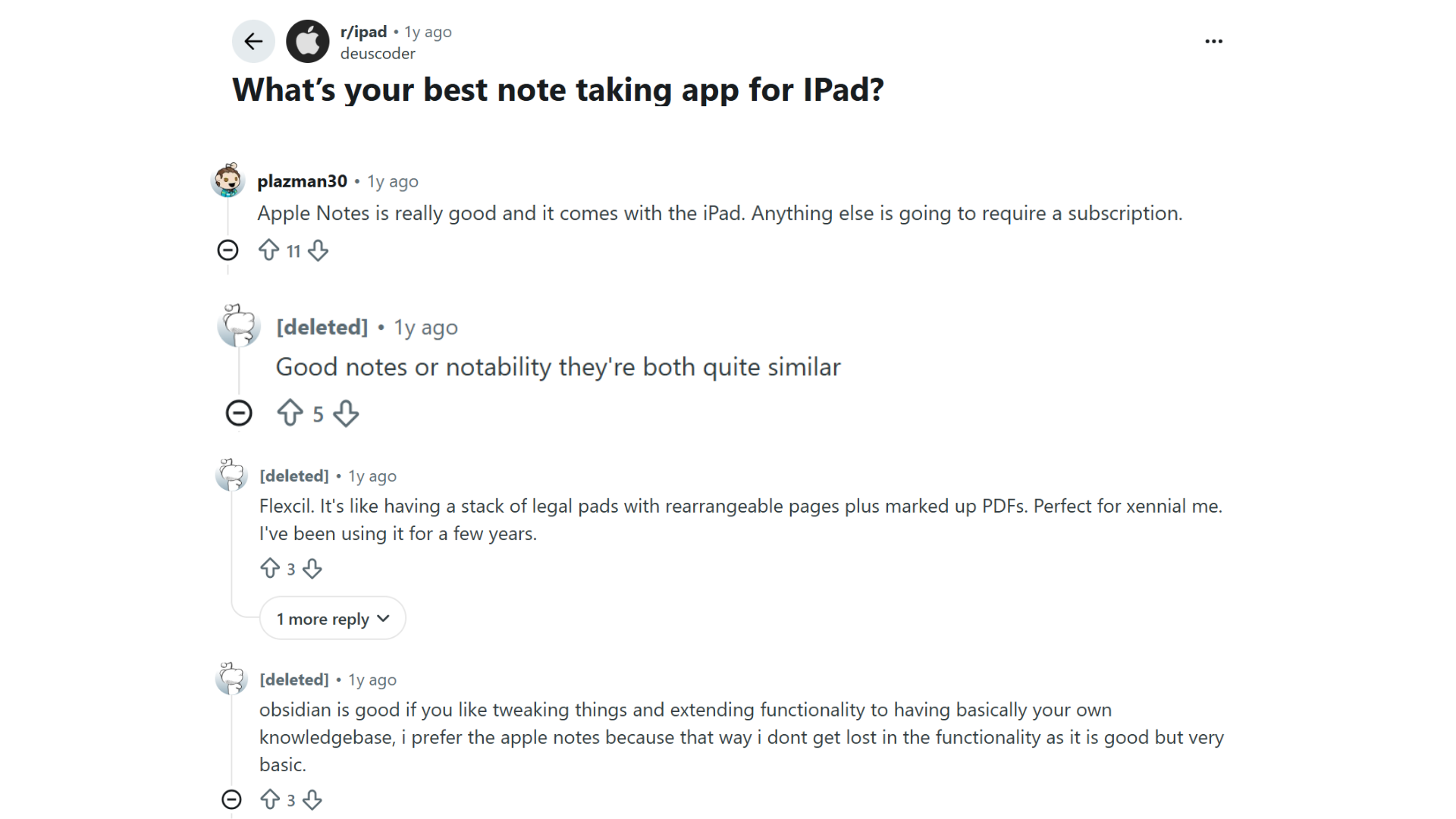 reddit users discussing and comparing their preferred note taking apps for ipad based on personal experience