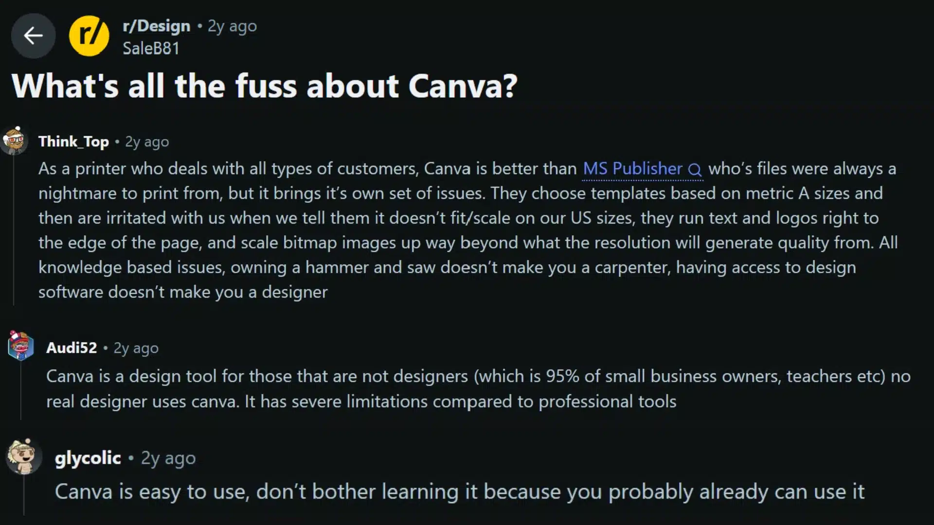 Reddit discussion about Canva sharing opinions on ease of use, design limitations, social media graphics, and printing issues