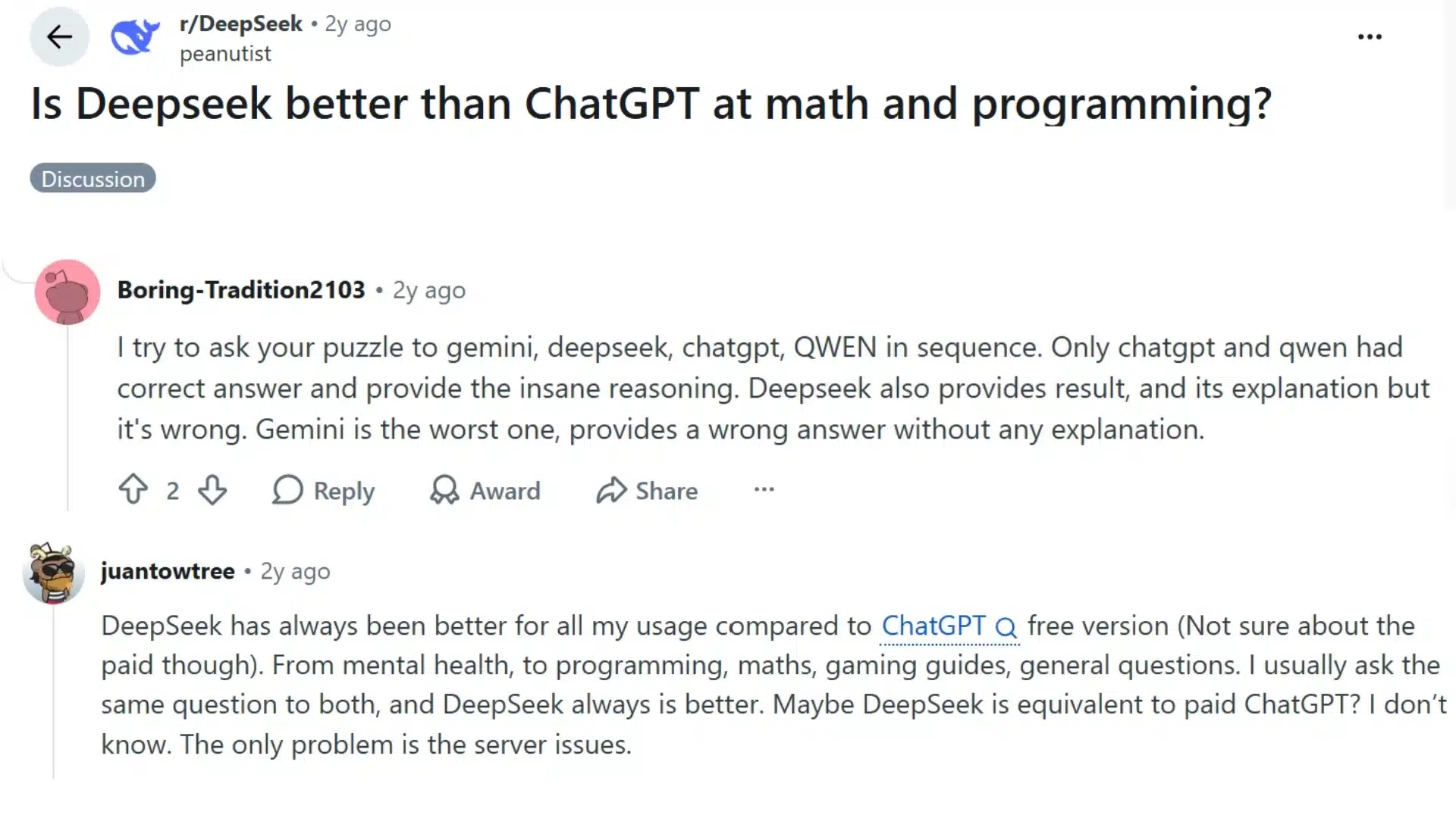 reddit discussion comparing deepseek and chatgpt for math and programming