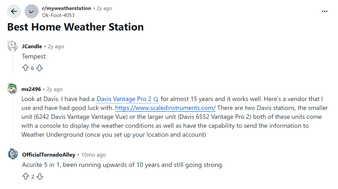 reddit users discussing the best home weather station with recommendations for tempest davis and acurite models