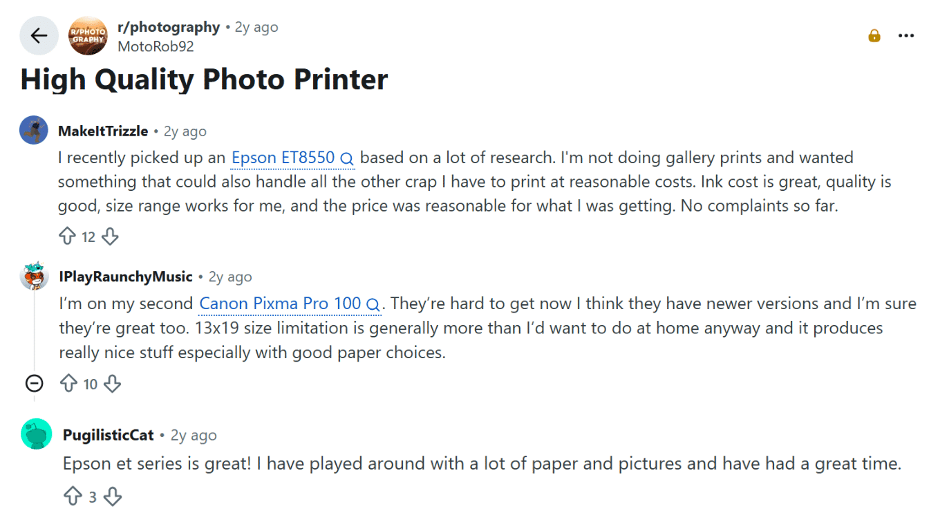 reddit discussion screenshot showing photographers sharing experiences and recommendations about high quality photo printers