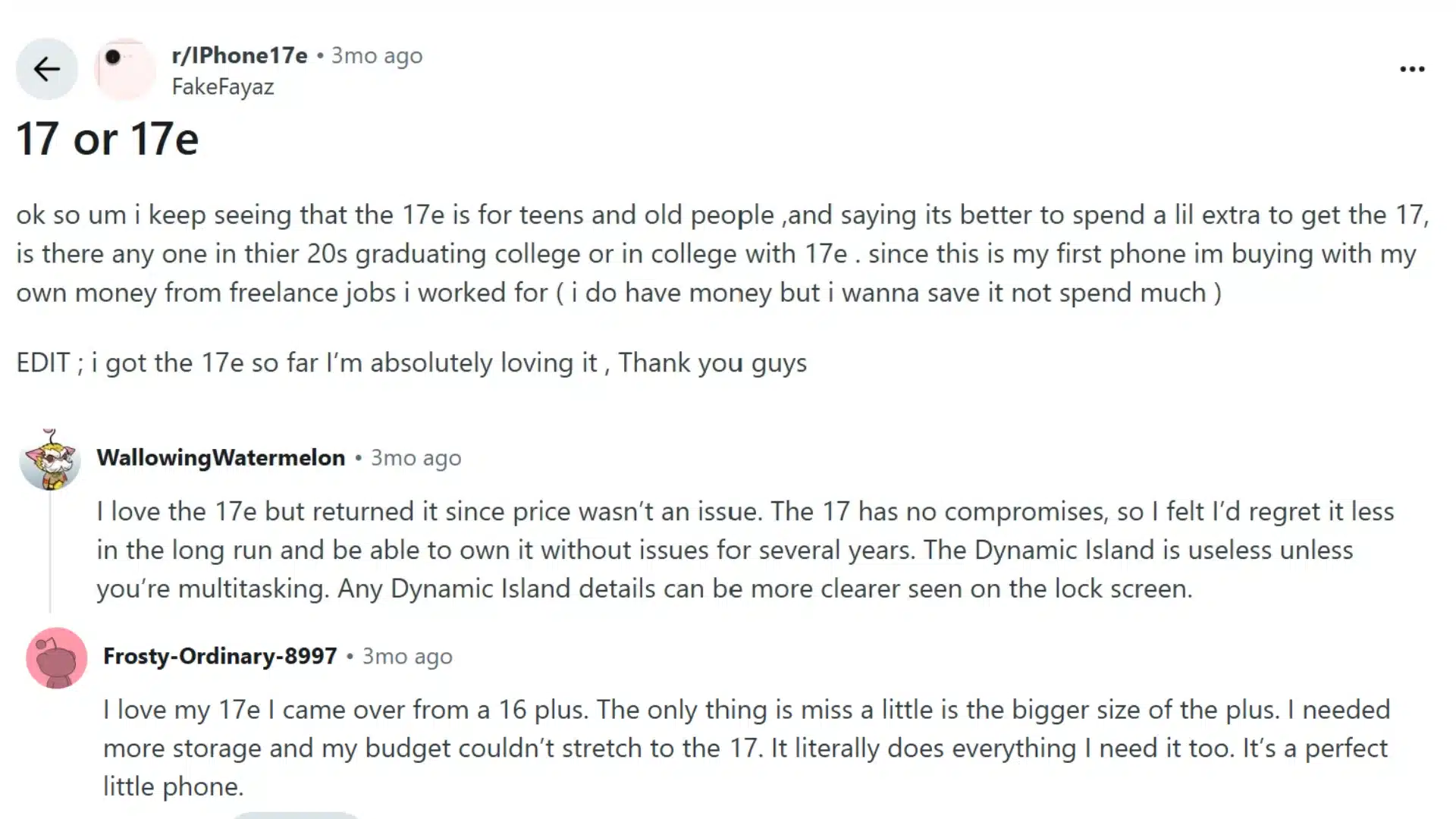 reddit discussion showing users sharing opinions about choosing iphone 17 versus iphone 17e models