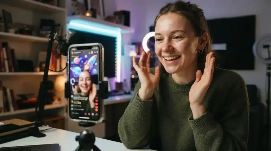 creator hosting a livestream with smartphone showing a galaxy gift animation and virtual space effects in a studio setup