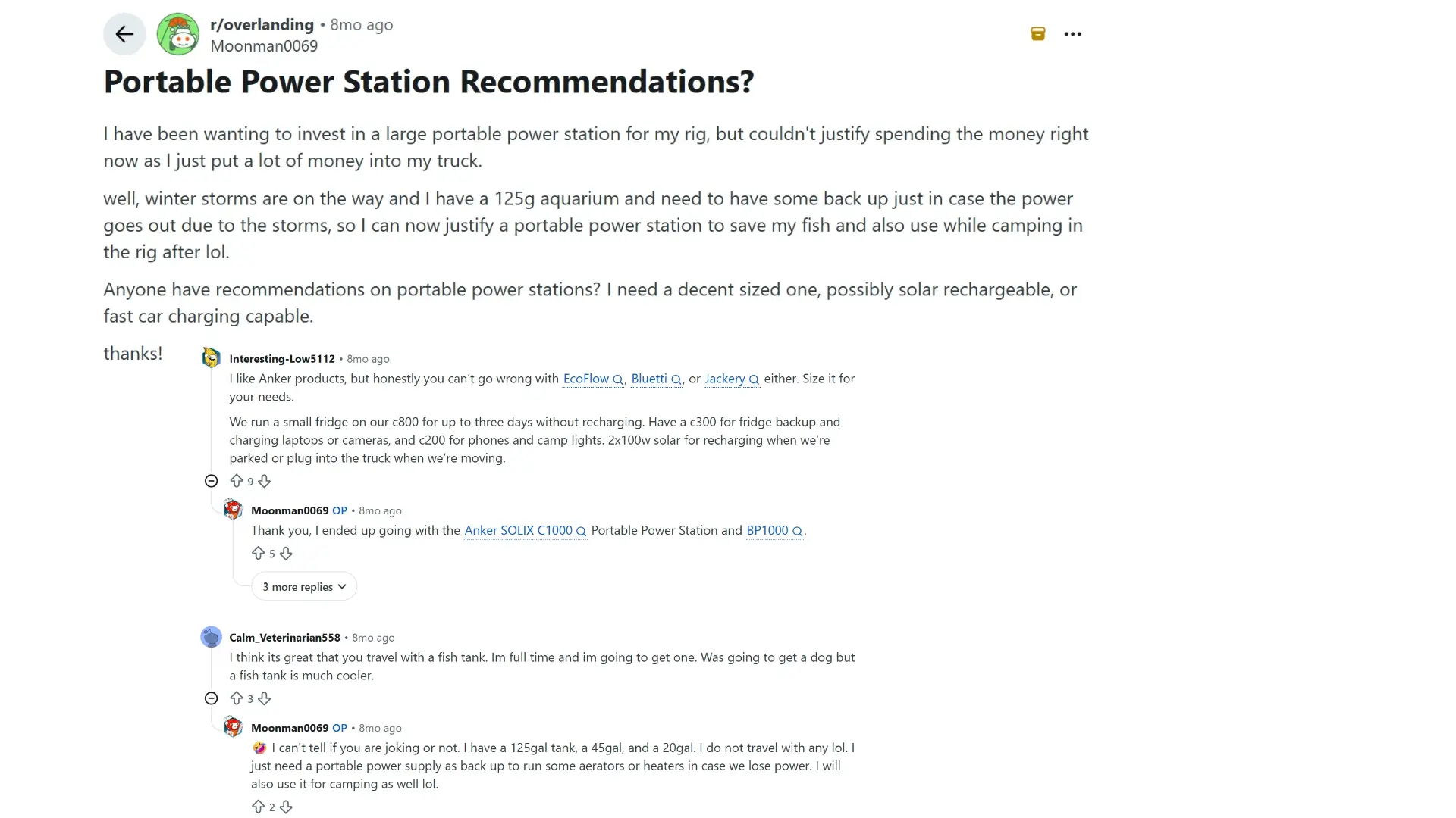 Reddit r/overlanding thread: user seeks power station advice to back up a 125-gallon aquarium and use while RV camping.