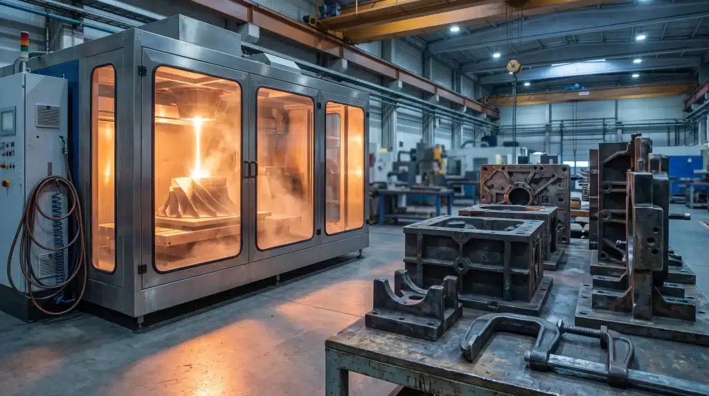 Industrial CNC milling machine operating in a large factory with metal parts on workbench