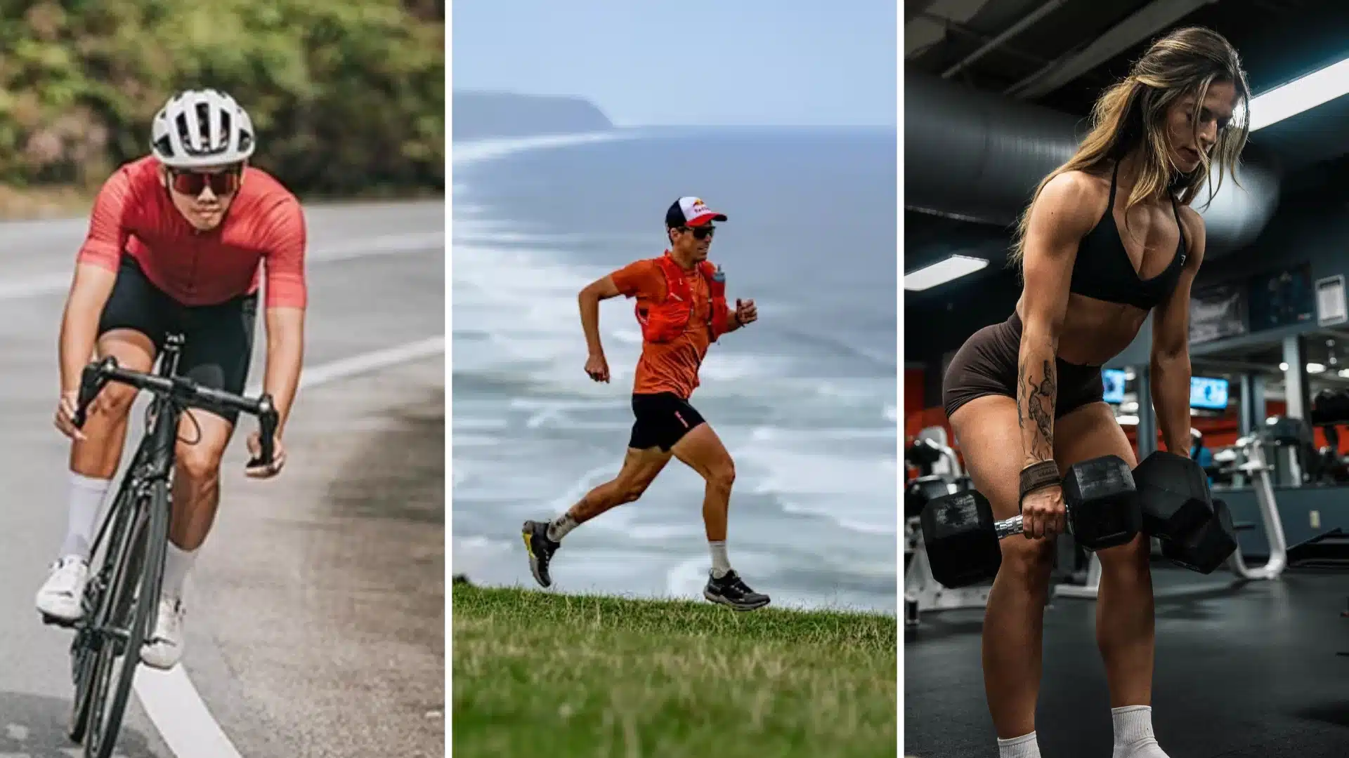 cyclist, coastal runner, and woman lifting dumbbells showing different workouts used for Apple Watch calorie tracking